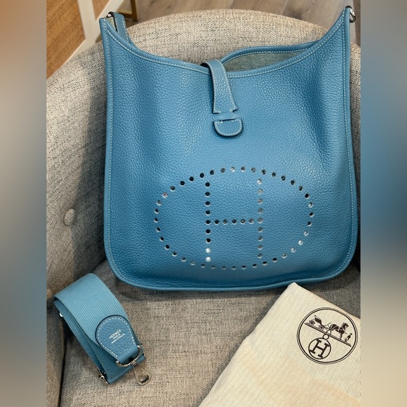 Hermes Handbags - Hermes Evelyne GM III in Blue Jean Clemence with palladium hardware